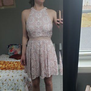 blush crochet lace halter dress with sheer midriff